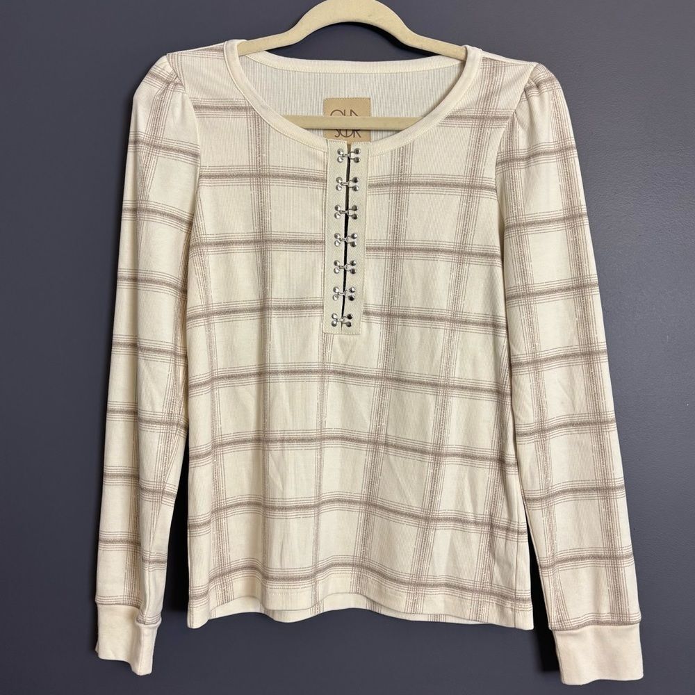 Chaser Ivory & Beige Plaid Cotton Blend Top Small Hook & Eye Henley Long Sleeve